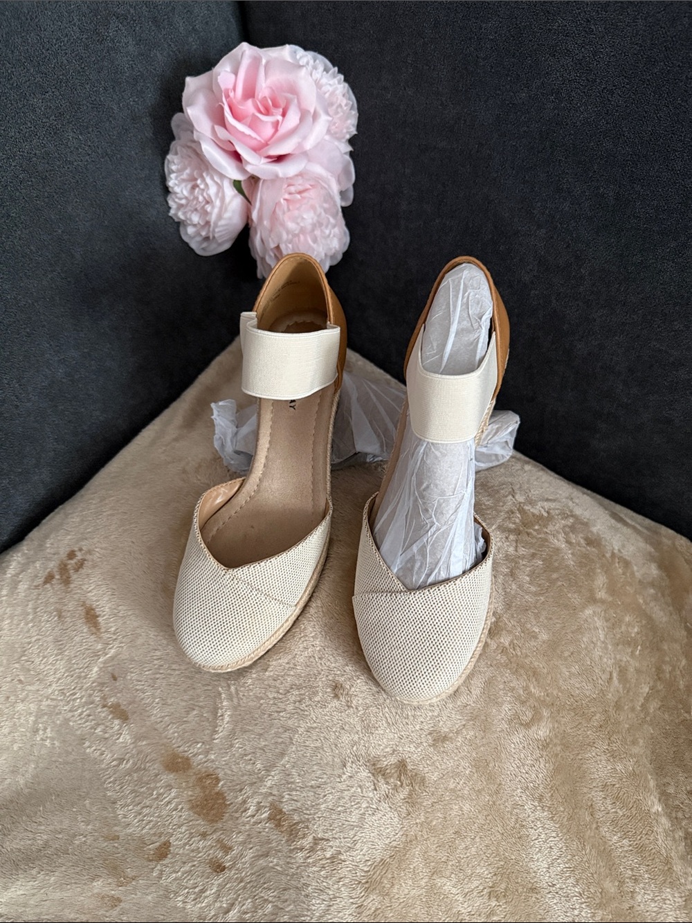 Cream Ankle-Strap Espadrille Wedge Sandals